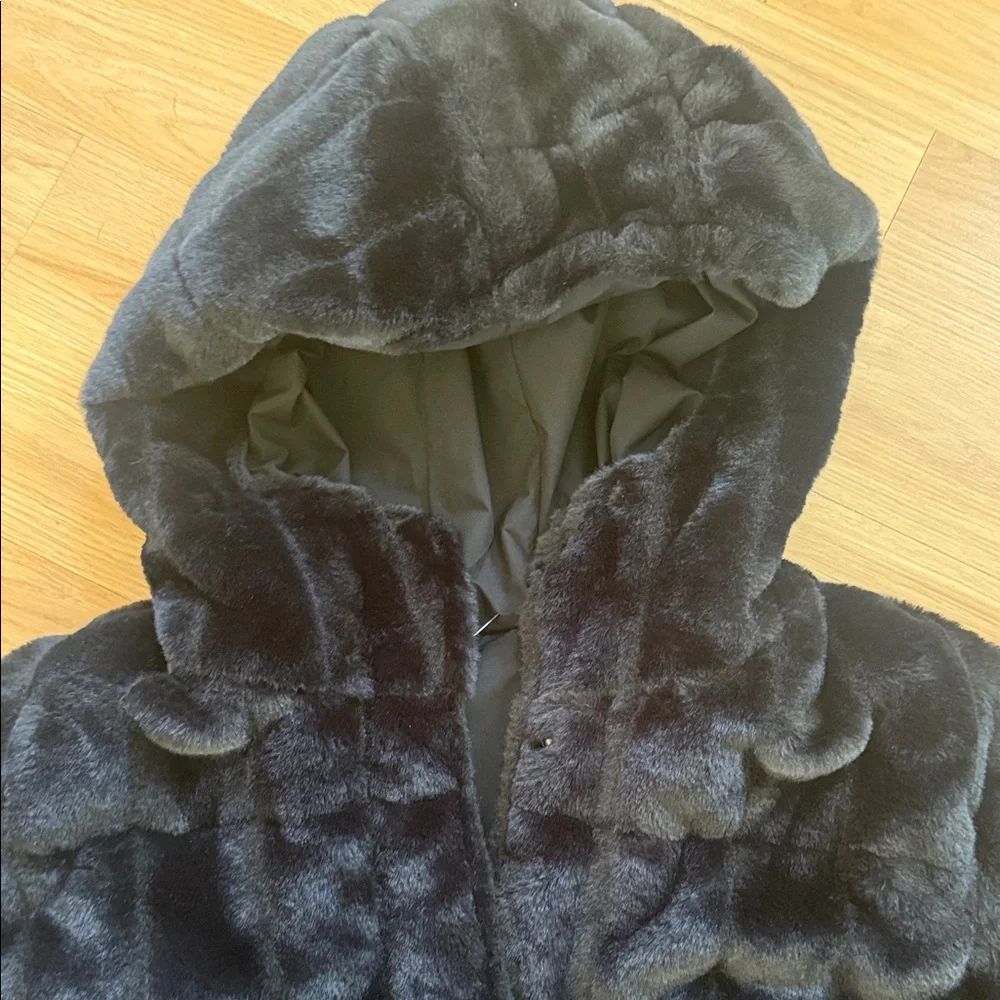 NWT Maralyn & Me Black Faux Fur Hooded Jacket Reversible Medium
